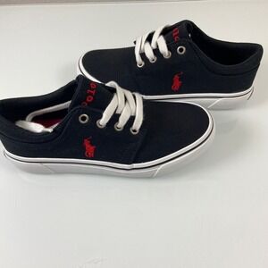 Polo Ralph Lauren Kids Size 1 Black Canvas Sneakers Shoes Red Pony Logo NWOB M